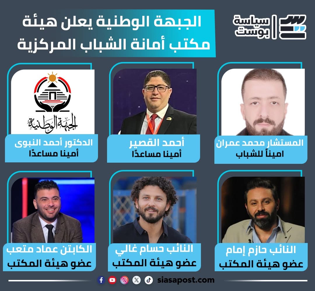 أبرزهم غالى وحازم ومتعب وابوالعينين.. الجبهة الوطنية يعلن هيئة مكتب أمانة الشباب من ١٤ عضوا أبرزهم غالى وحازم ومتعب وابوالعينين.. الجبهة الوطنية يعلن هيئة مكتب أمانة الشباب من ١٤ عضوا