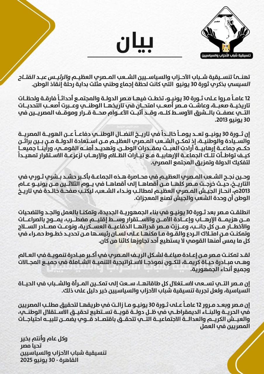 تنسيقية شباب الأحزاب والسياسيين: 12 عاماً على ثورة 30 يونيو ورحلة إنقاذ الوطن تنسيقية شباب الأحزاب والسياسيين: 12 عاماً على ثورة 30 يونيو ورحلة إنقاذ الوطن