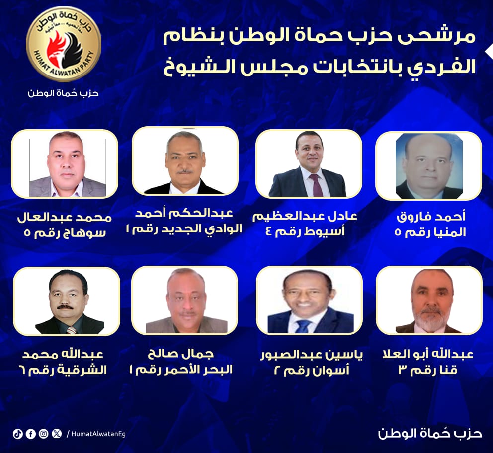 بعد غلق باب الترشح.. حماة الوطن يعلن قائمة مرشحيه على المقاعد الفردية بانتخابات الشيوخ 2025 بعد غلق باب الترشح.. حماة الوطن يعلن قائمة مرشحيه على المقاعد الفردية بانتخابات الشيوخ 2025
