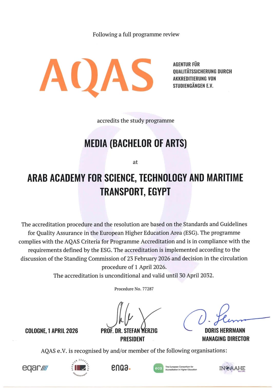 كلية اللغة والإعلام بالأكاديمية العربية تحصل على اعتماد AQAS الدولي.